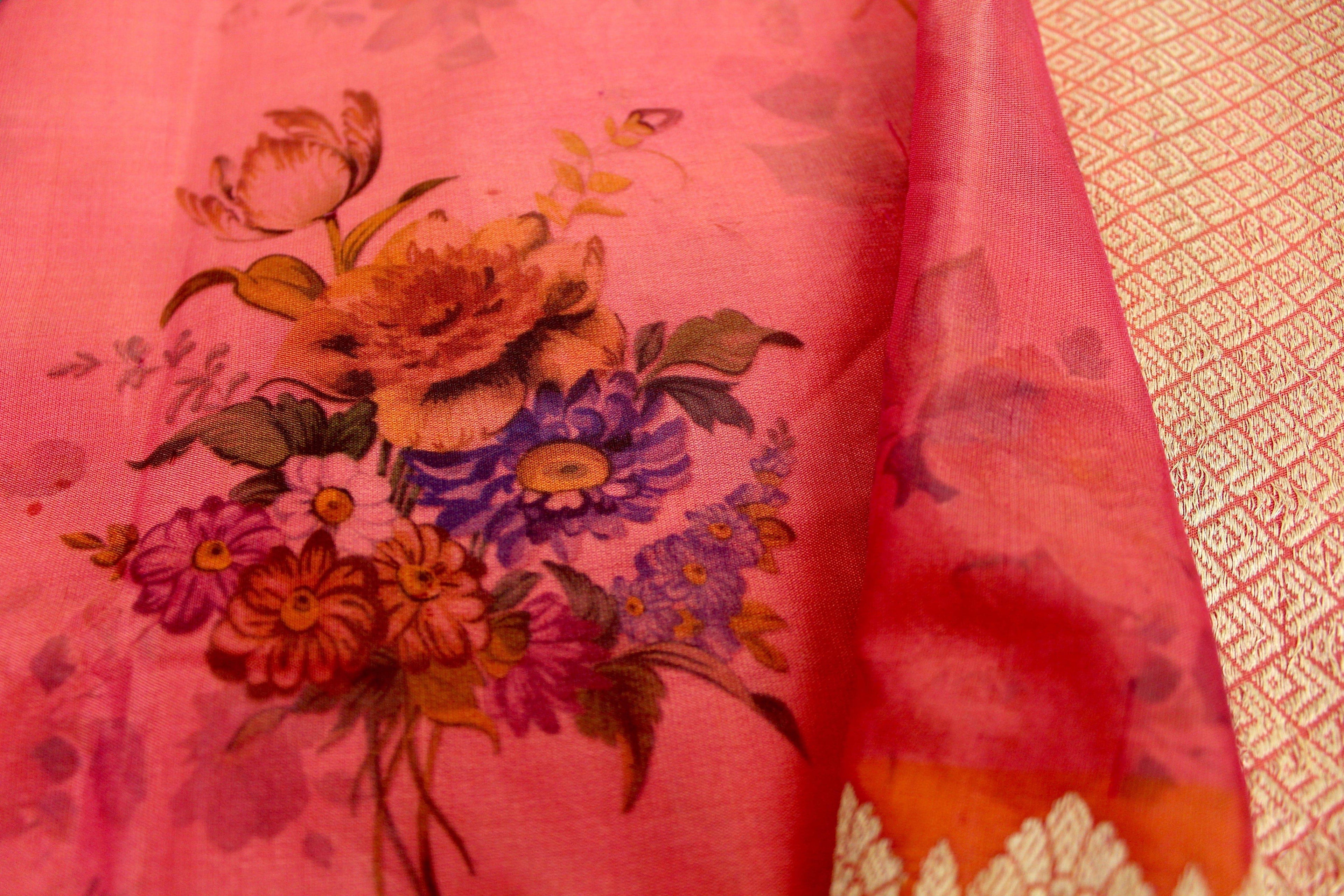 Peach Pure Katan Silk Handloom Banarasi Print Saree
