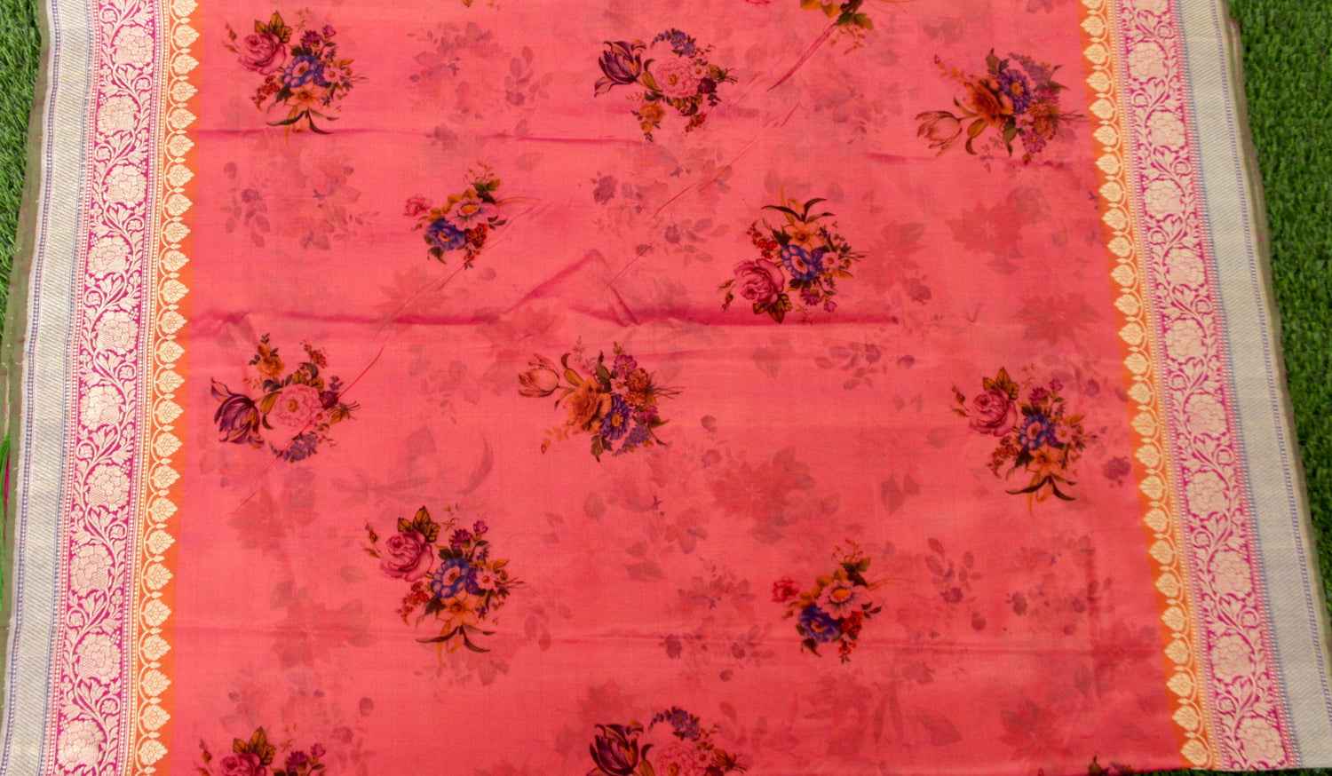 Peach Pure Katan Silk Handloom Banarasi Print Saree