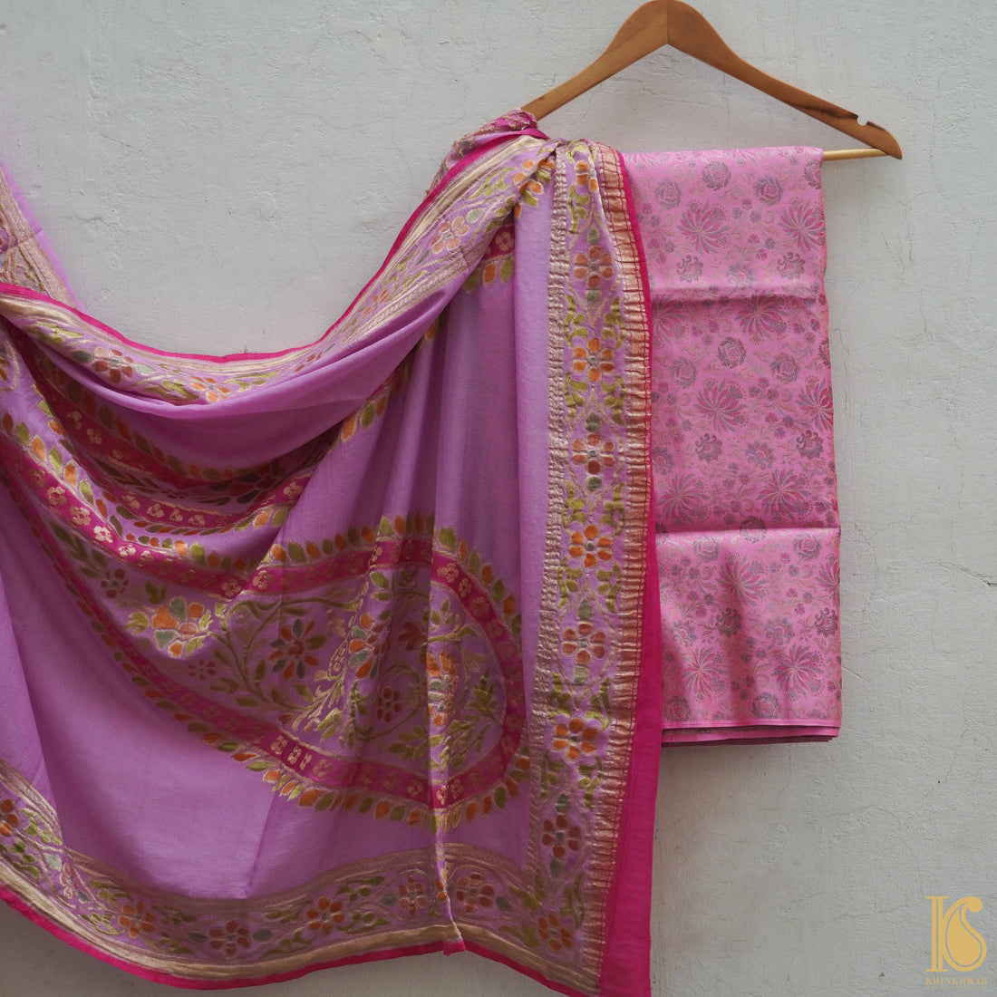 Pink Pure Banarasi Silk Handwoven Tanchui Kurta Fabric