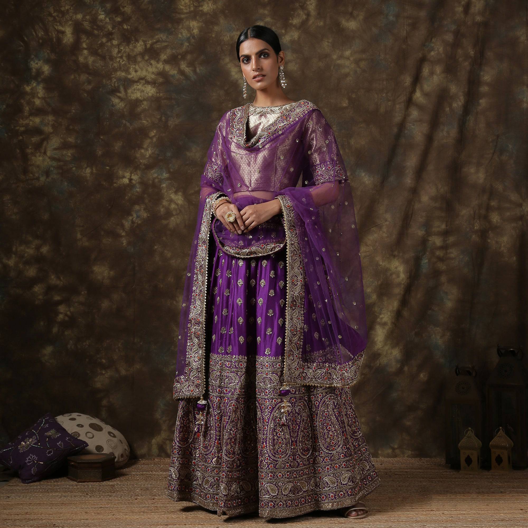 Purple Katan Silk Handloom Banarasi Embroidered Stitched Lehenga Set