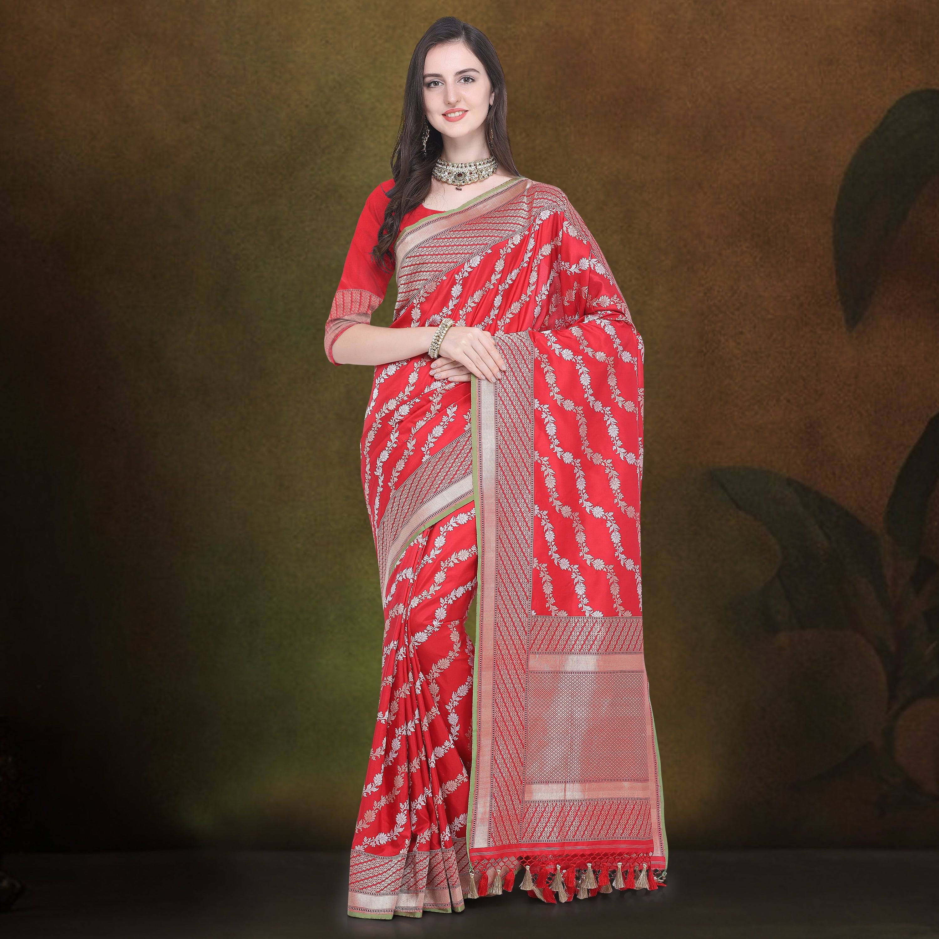 Red Sona Rupa Zari Buta Pure Katan Silk Banarasi - elezara