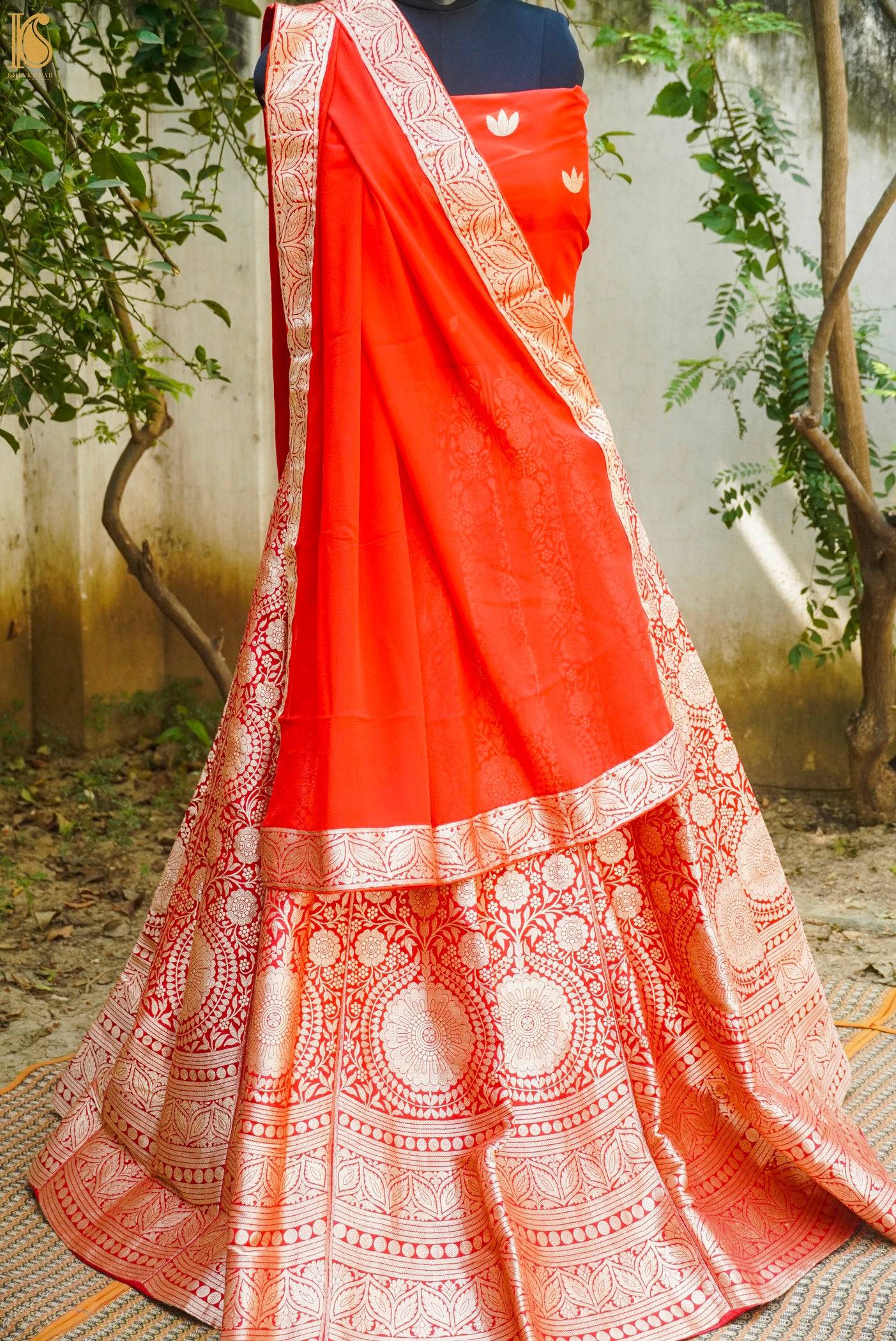 Rani colour Banarasi Silk Zari Work Lehenga With dupatta and unstitched  blouse. - HALFSAREE STUDIO - 4230439