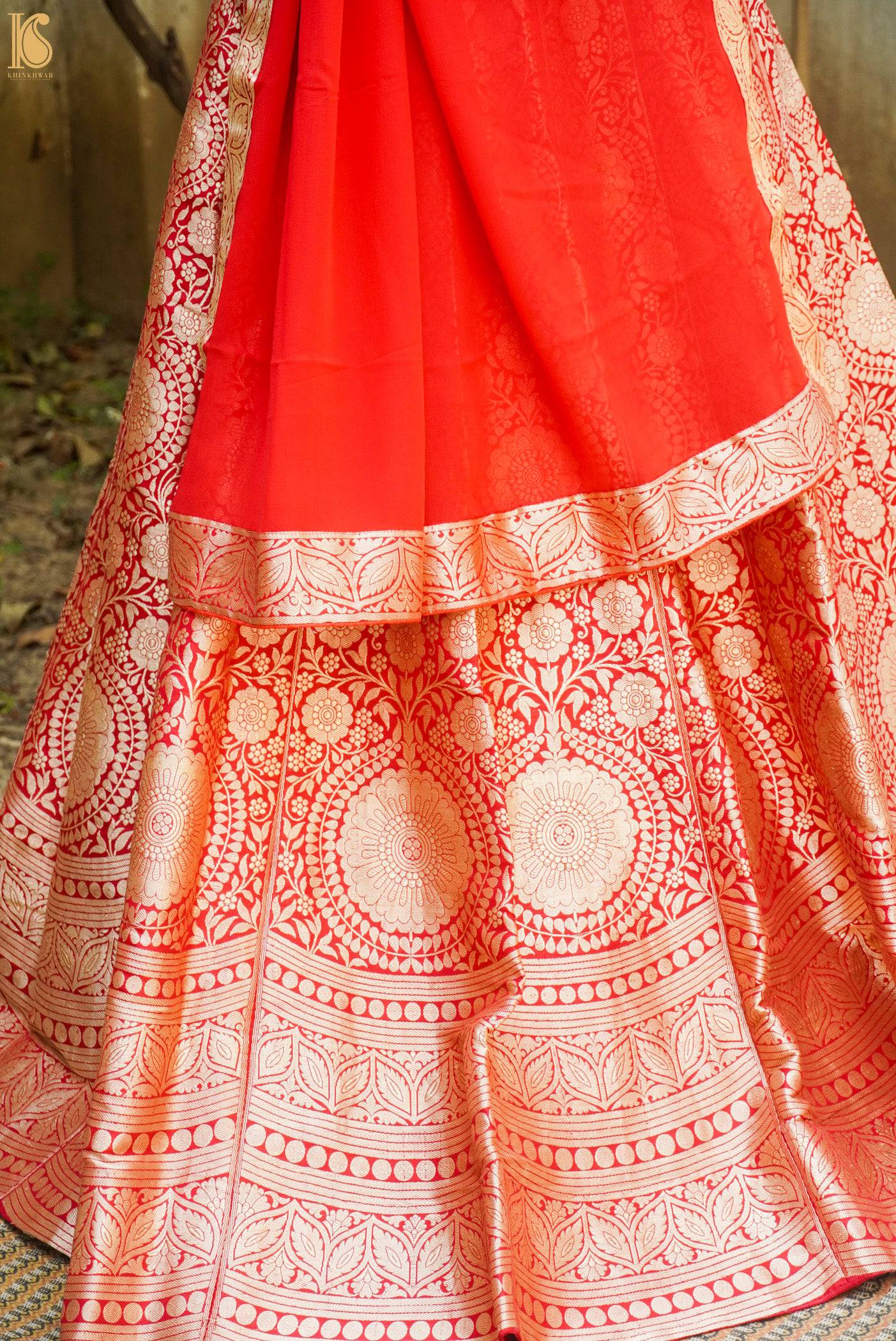 Red Pure Katan Silk Handloom Banarasi Stitched Lehenga