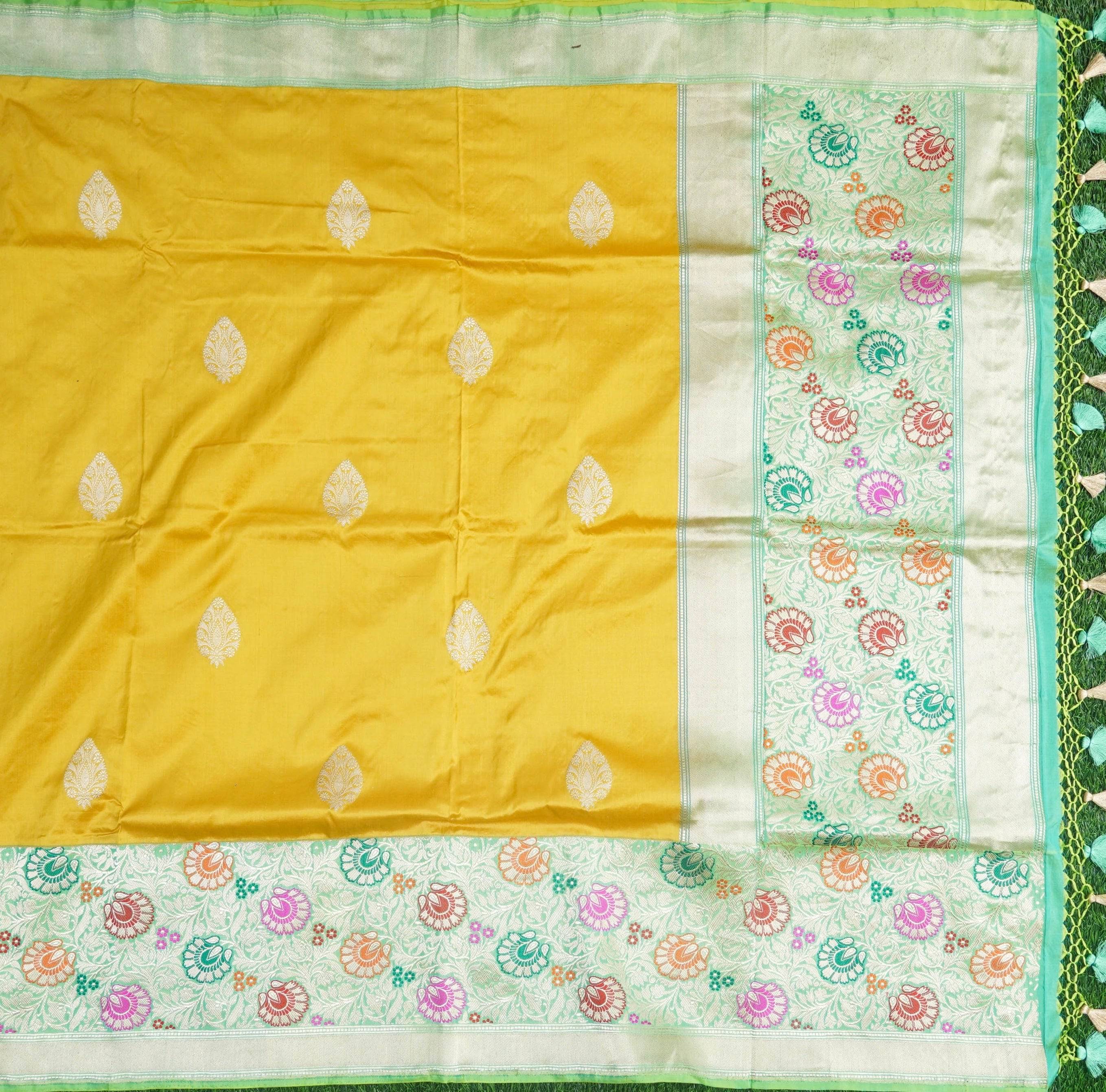 Kora Silk Banarasi Saree - Sea Green and Sea Blue with golden jari – Phulari