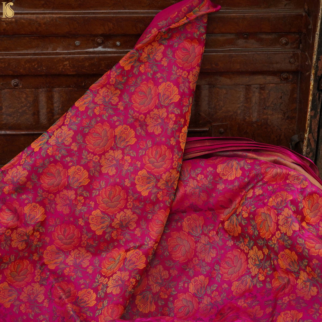 Handloom Banarasi Tanchoi Silk Rose Fabric