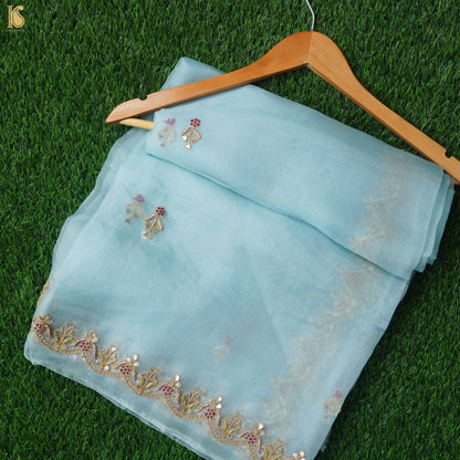 Baby Blue Pure Organza Silk Dupatta with Embroidery