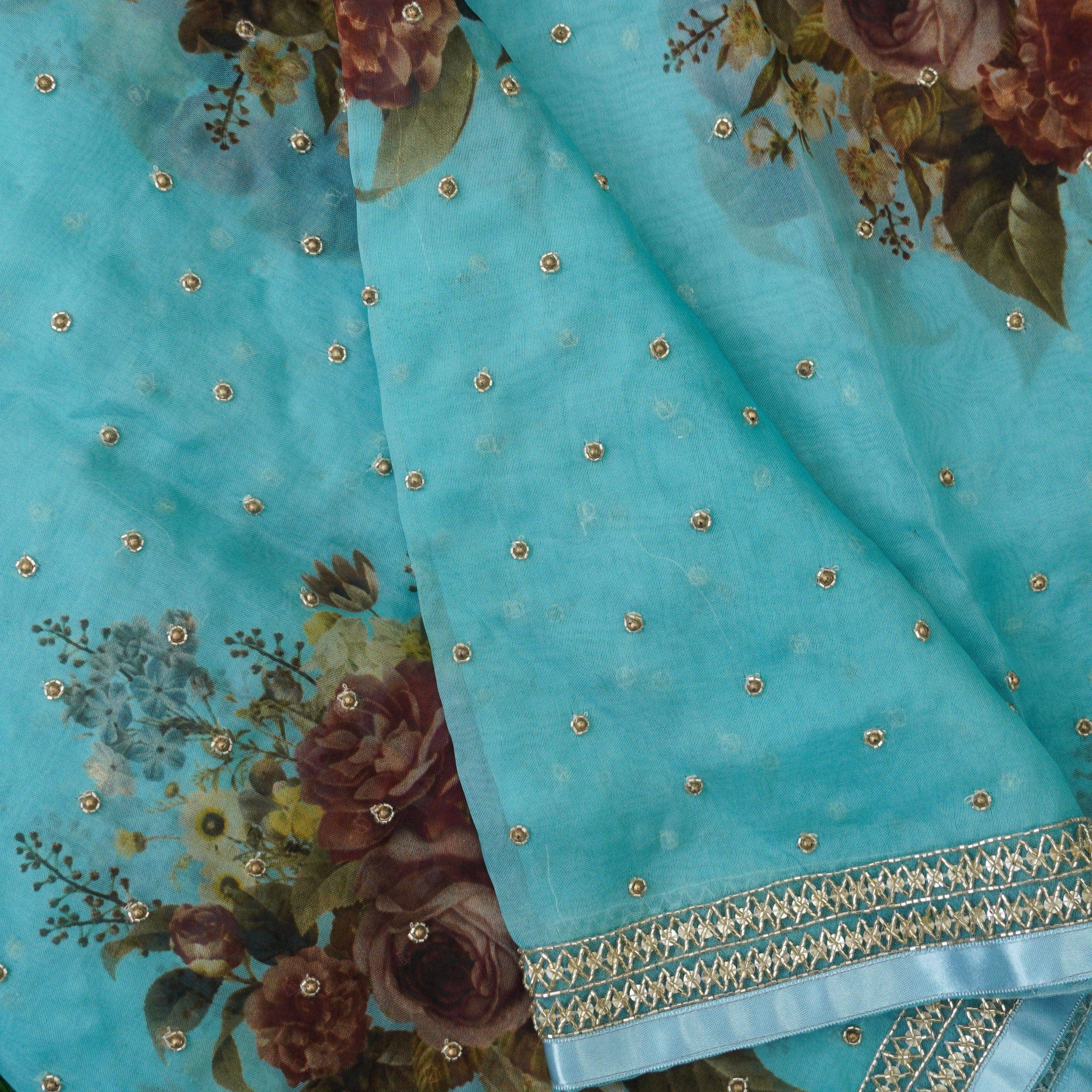 Floral Organza Print Saree with Hand Embroidery