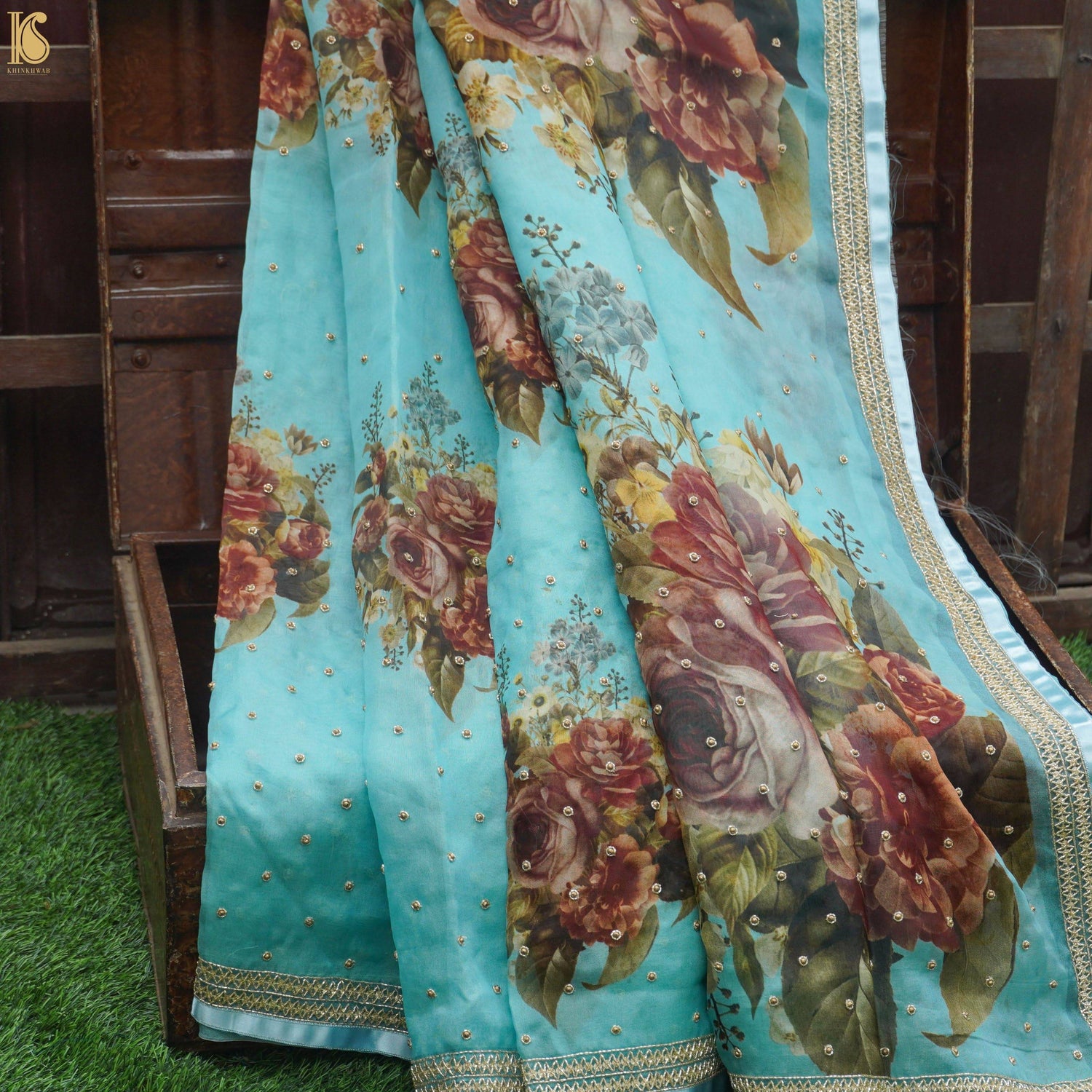 Floral Organza Print Saree with Hand Embroidery