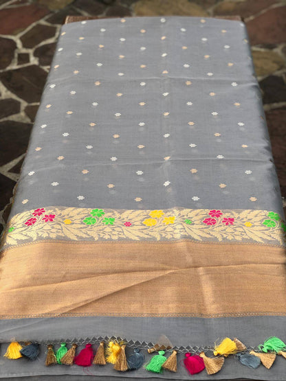 Grey Pure Kora Silk Handloom Banarasi Saree with Meenakari