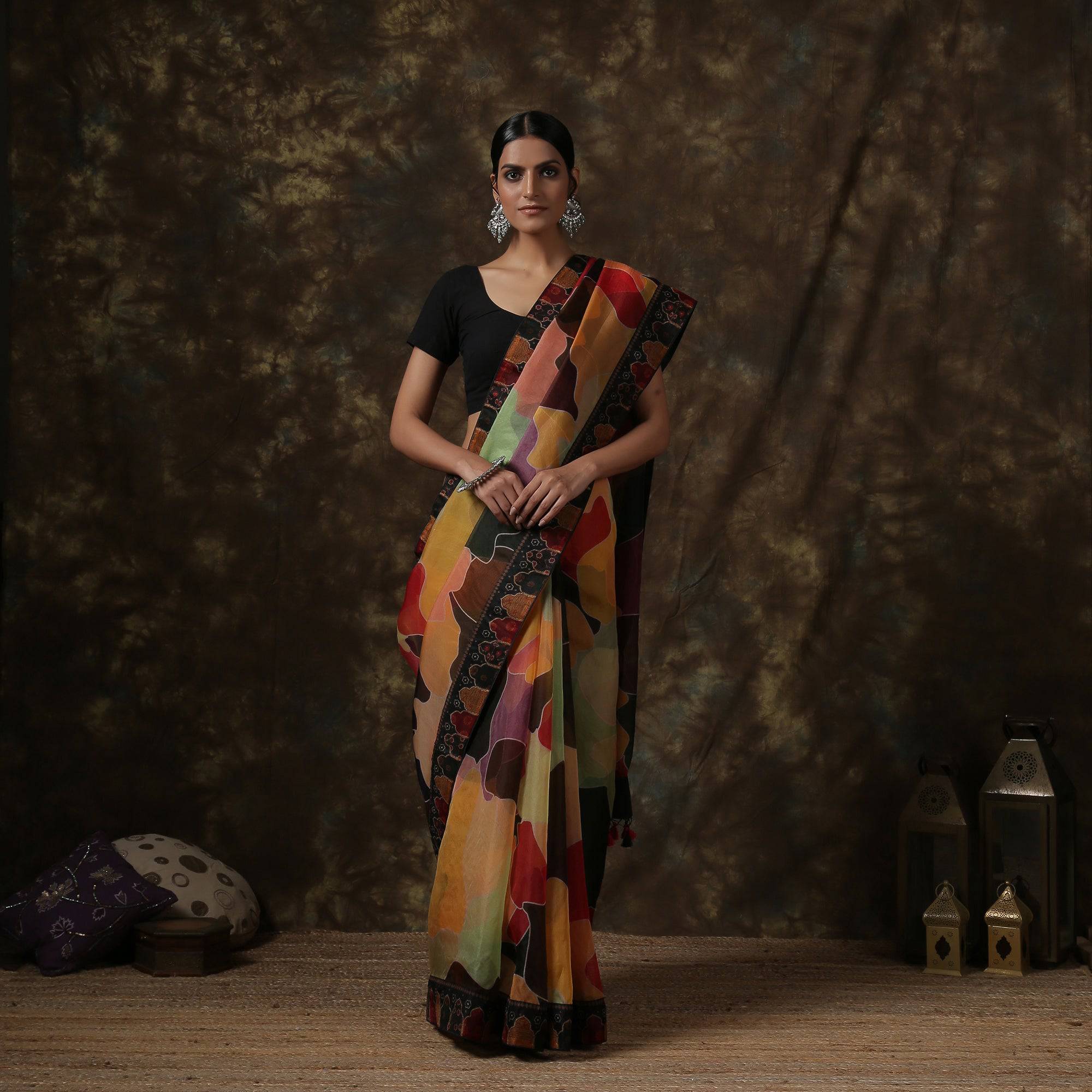 Printed Pure Tussar Silk Saree with Geometric Patterns in Brown and Purple  | Saree, Saree designs, Tussar silk saree