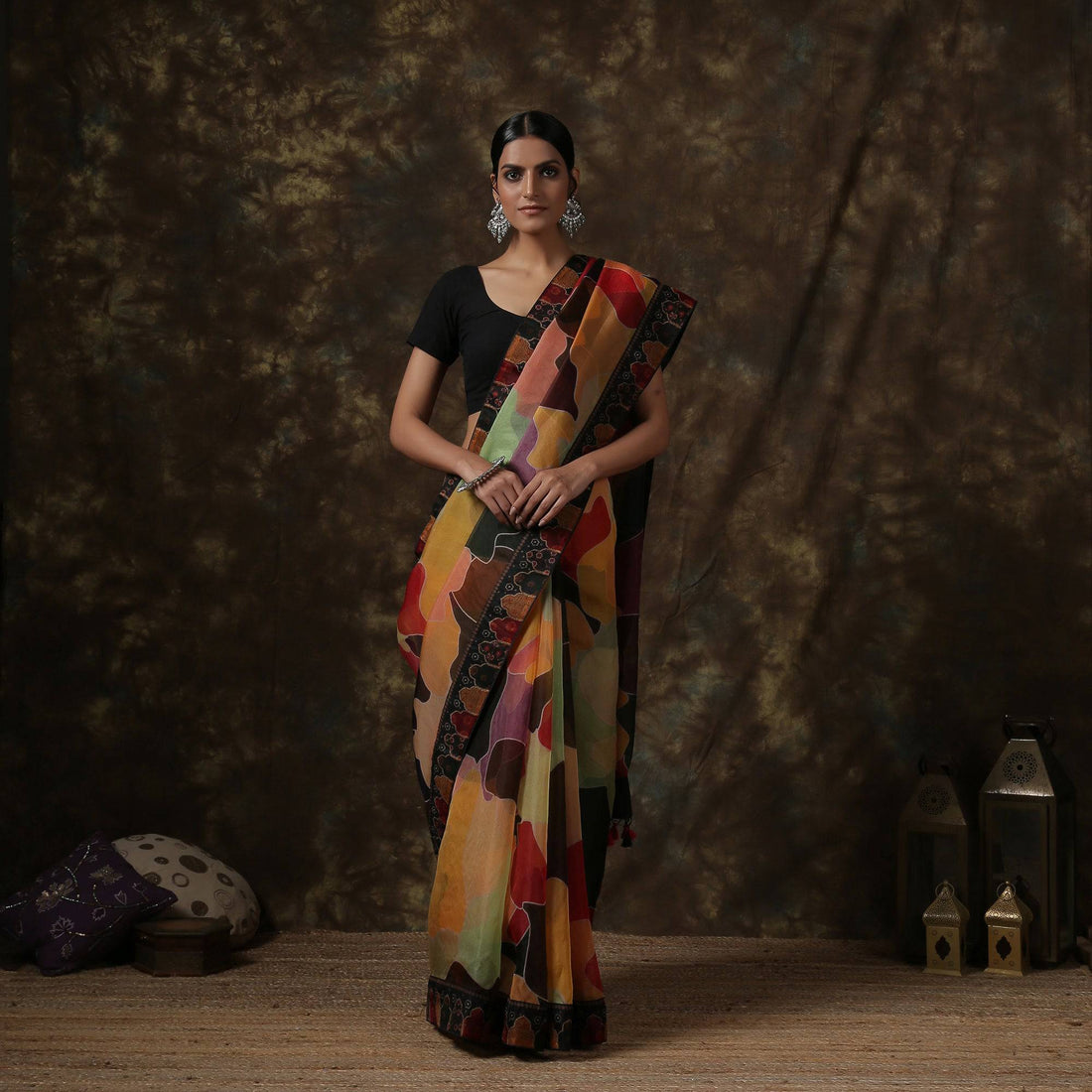 Organza Silk Print Multicolor Saree