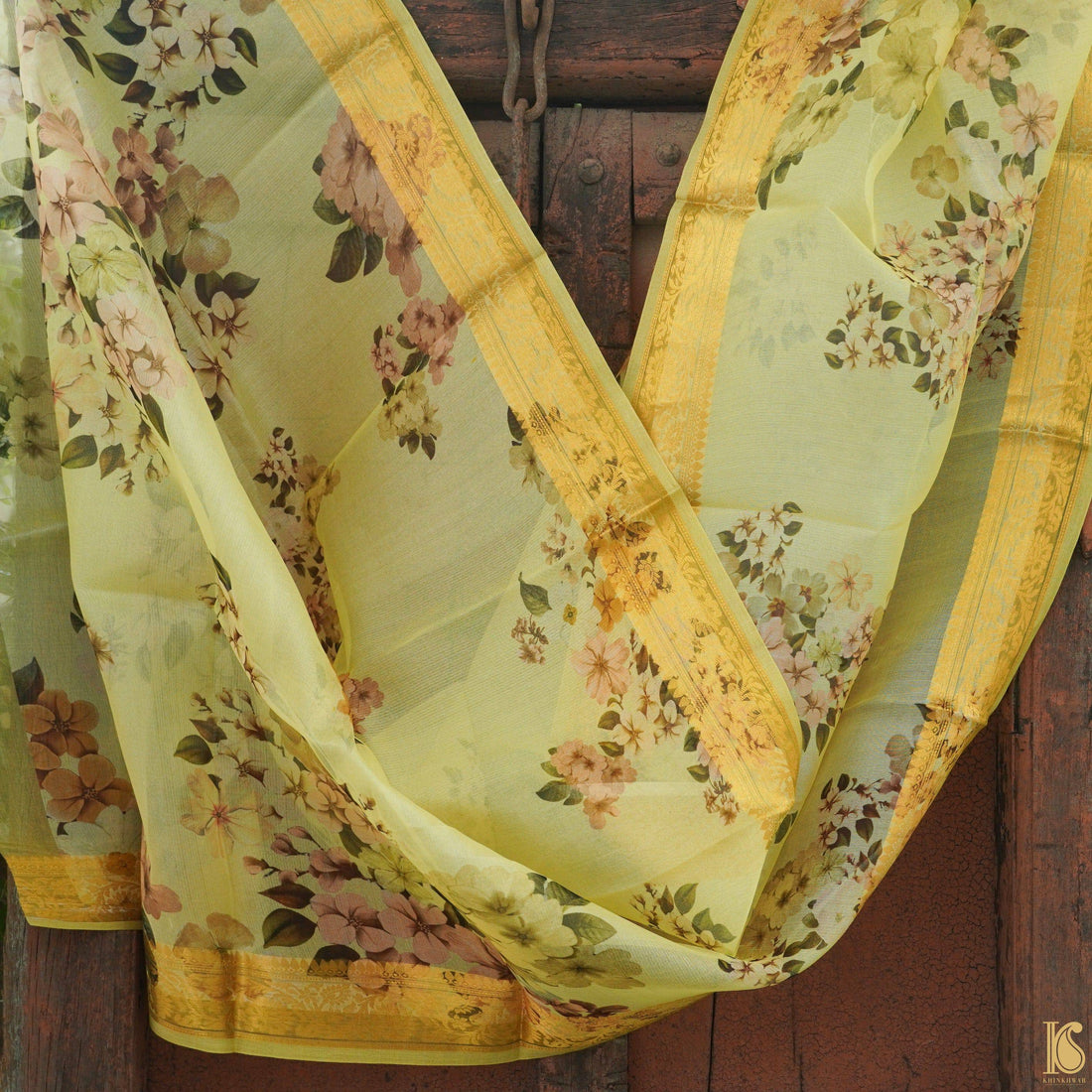 Organza Floral Printed Dupatta with Banarasi Border