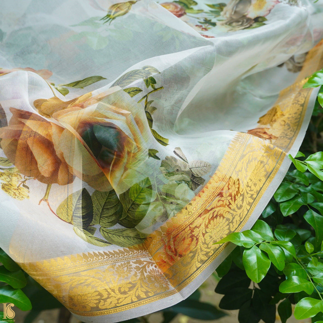 Organza Floral Printed Dupatta with Banarasi Border