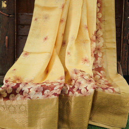 Pastel Yellow Organza Silk Print Banarasi Border Saree