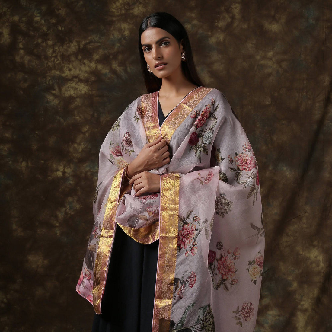 Organza Floral Printed Dupatta with Banarasi Border