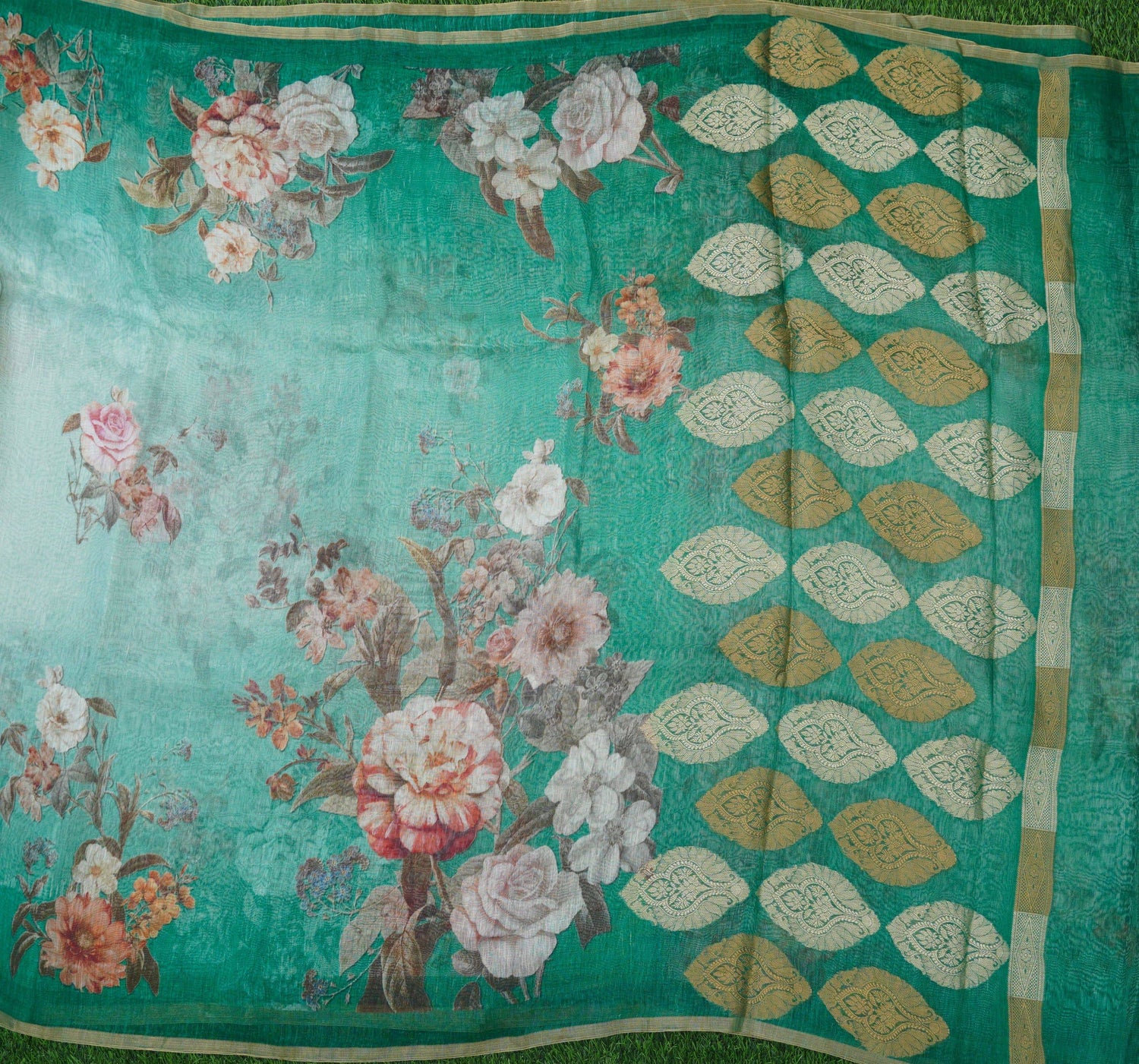 Green Pure Linen Banarasi Printed Saree