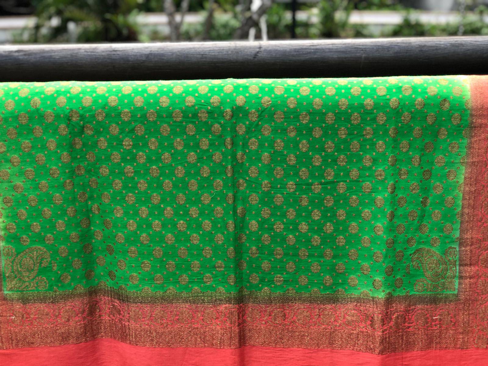 Green &amp; Orange Pure Moonga Silk Handloom Banarasi Dupatta