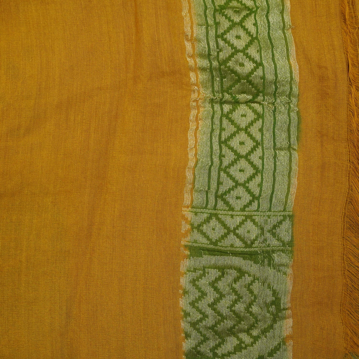 Mustard &amp; Green Pure Moonga Silk Handloom Banarasi Hand Brush Saree
