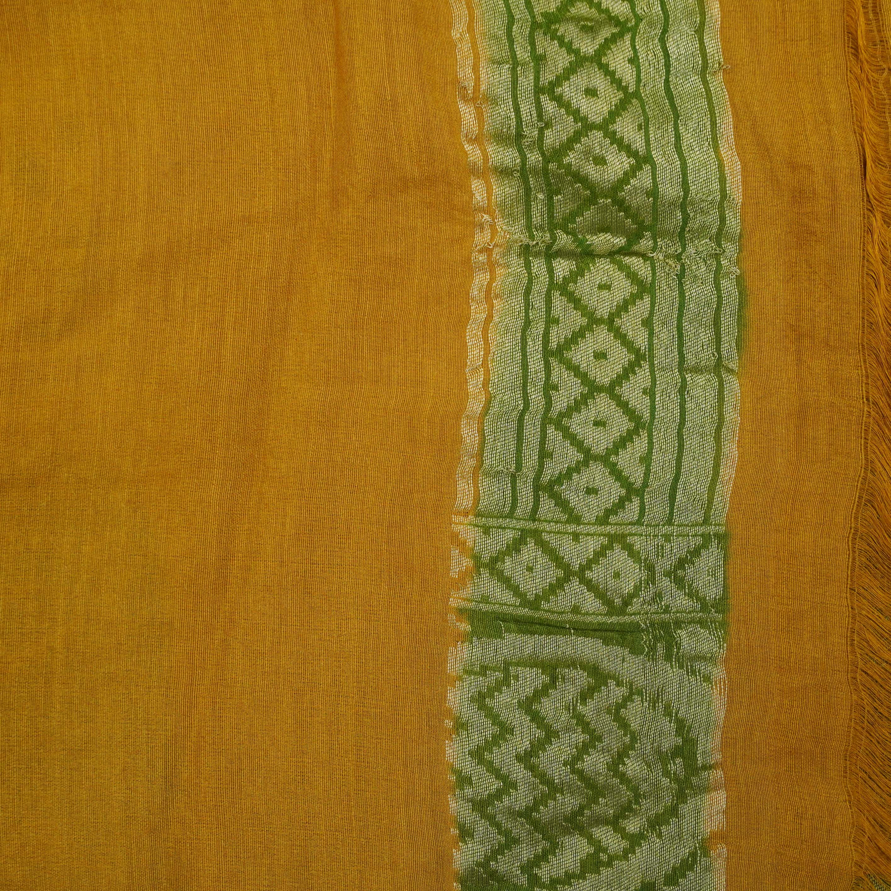 Mustard &amp; Green Pure Moonga Silk Handloom Banarasi Hand Brush Saree