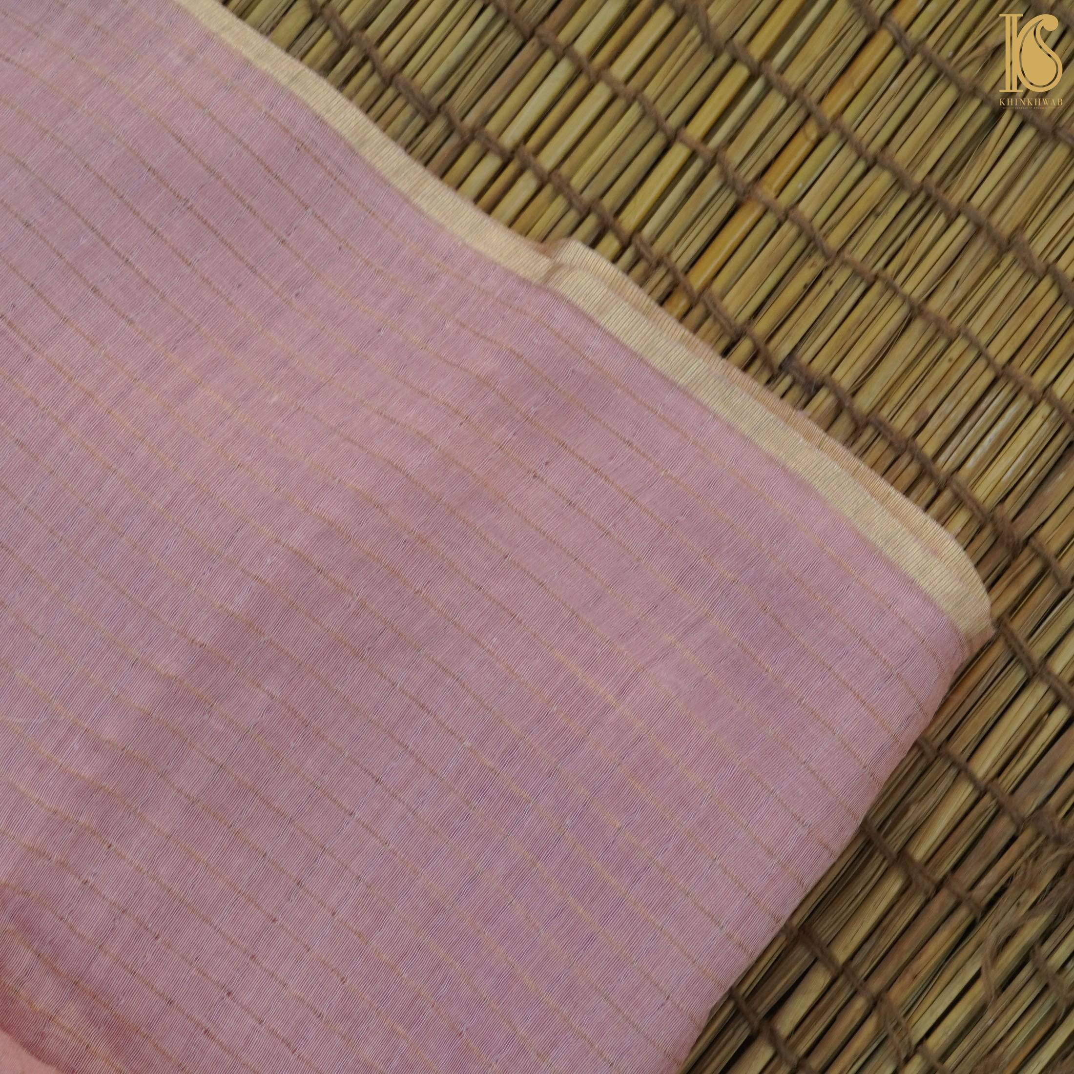 Pastel Pink Pure Moonga Silk Handloom Banarasi Check Fabric