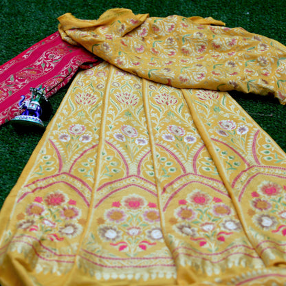 Yellow Moonga Silk Handloom Banarasi Stitched Lehenga