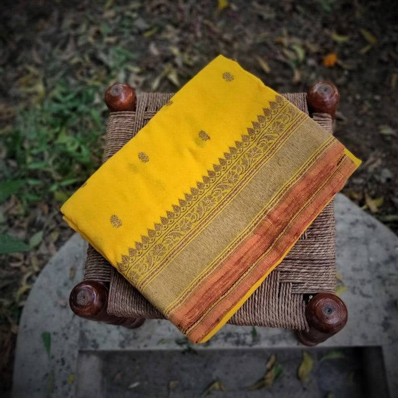 Yellow Pure Muslin Cotton Handloom Banarasi Saree