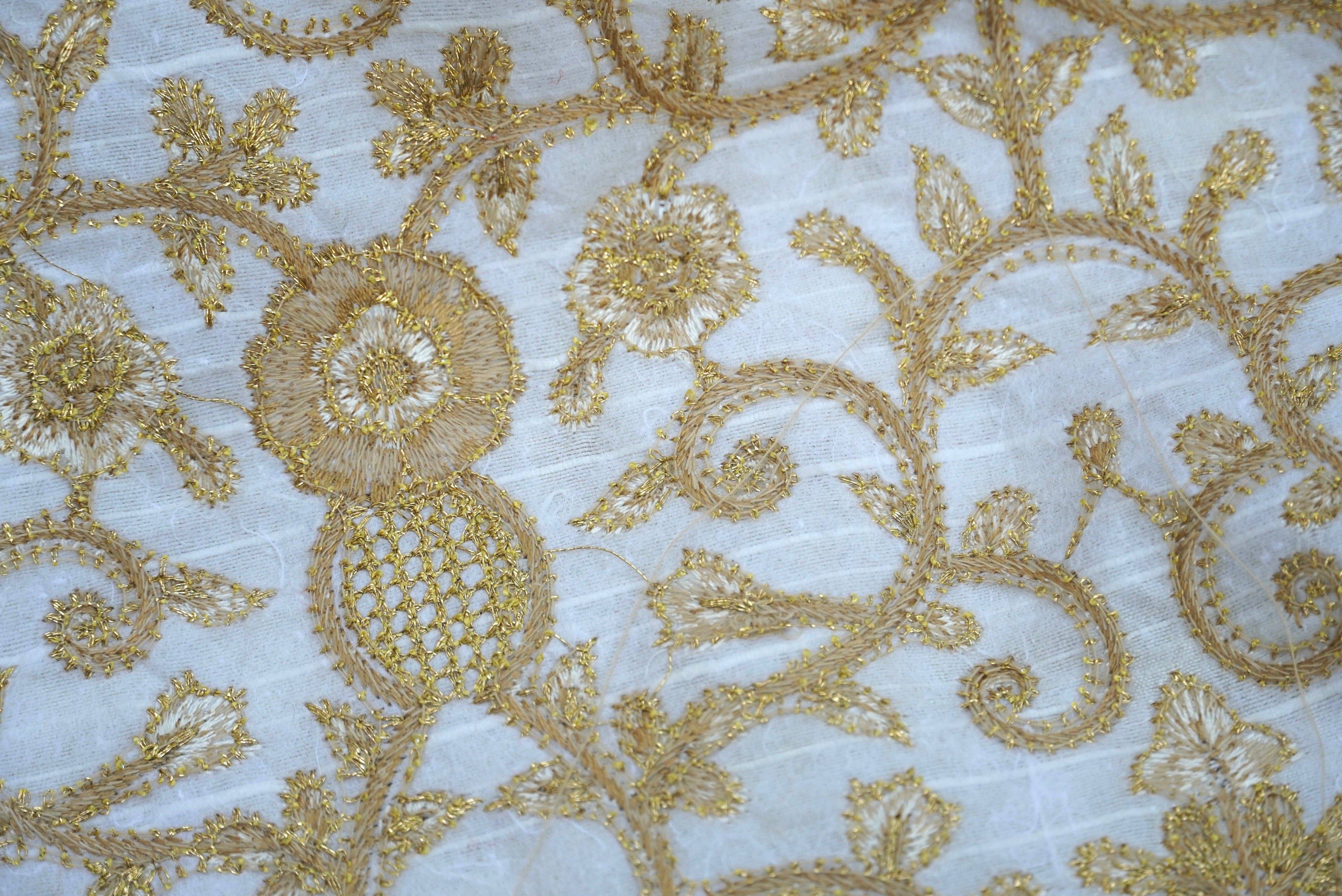 Pure Raw Silk Beige Banarasi Fabric with Embroidery