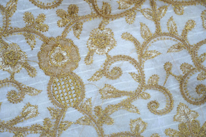 Pure Raw Silk Beige Banarasi Fabric with Embroidery