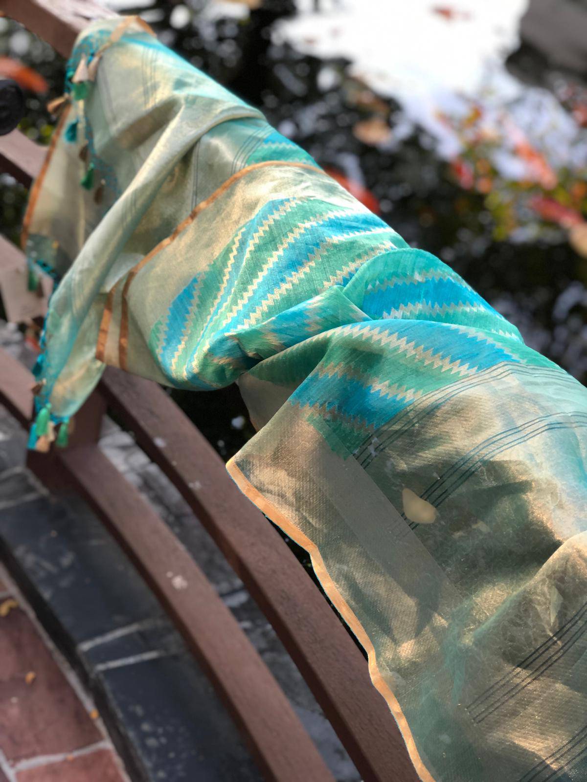 Seafoam Green &amp; Blue Tissue Silk Handwoven Banarasi Dupatta