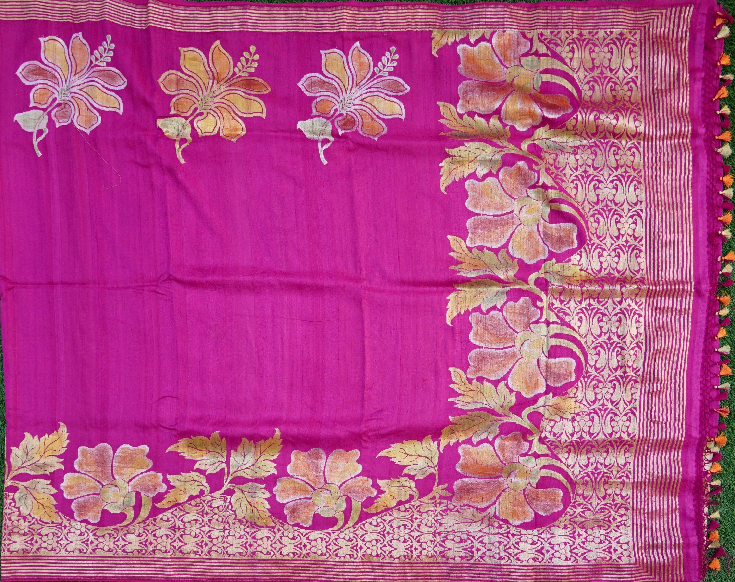 Tussar Handloom Banarasi Saree with Contrast Border & Resham Paisley Embroidery