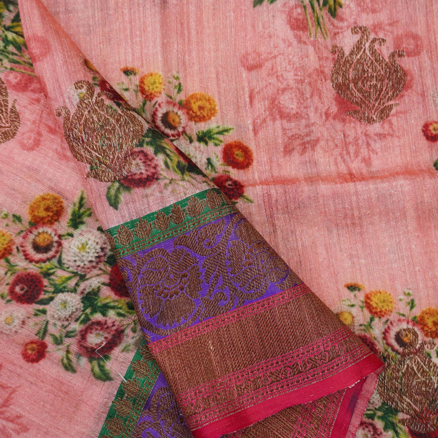 Pink Pure Tussar Silk Printed Floral Banarasi Saree
