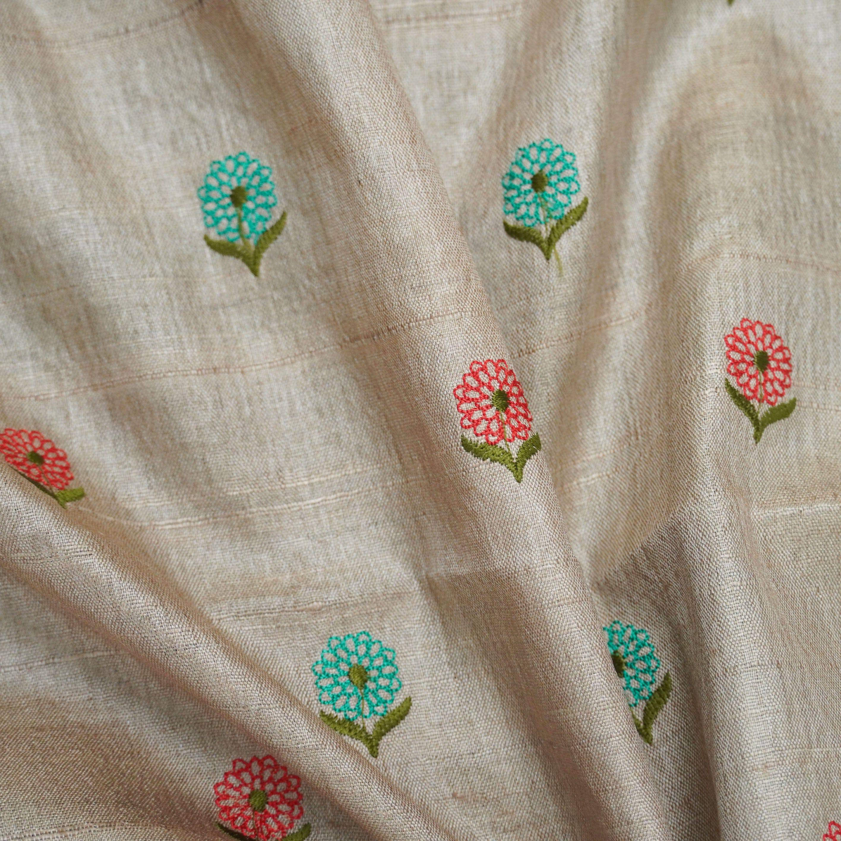 Pure Tussar Silk Banarasi Fabric with Embroidery