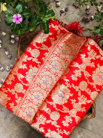 Handwoven Pure Katan Silk Red Banarasi Mughal Boota Saree