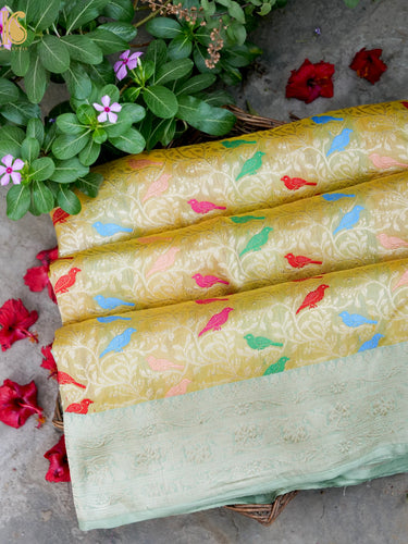 Handloom Banarasi Katan Silk Chidiya Saree with Contrast Border