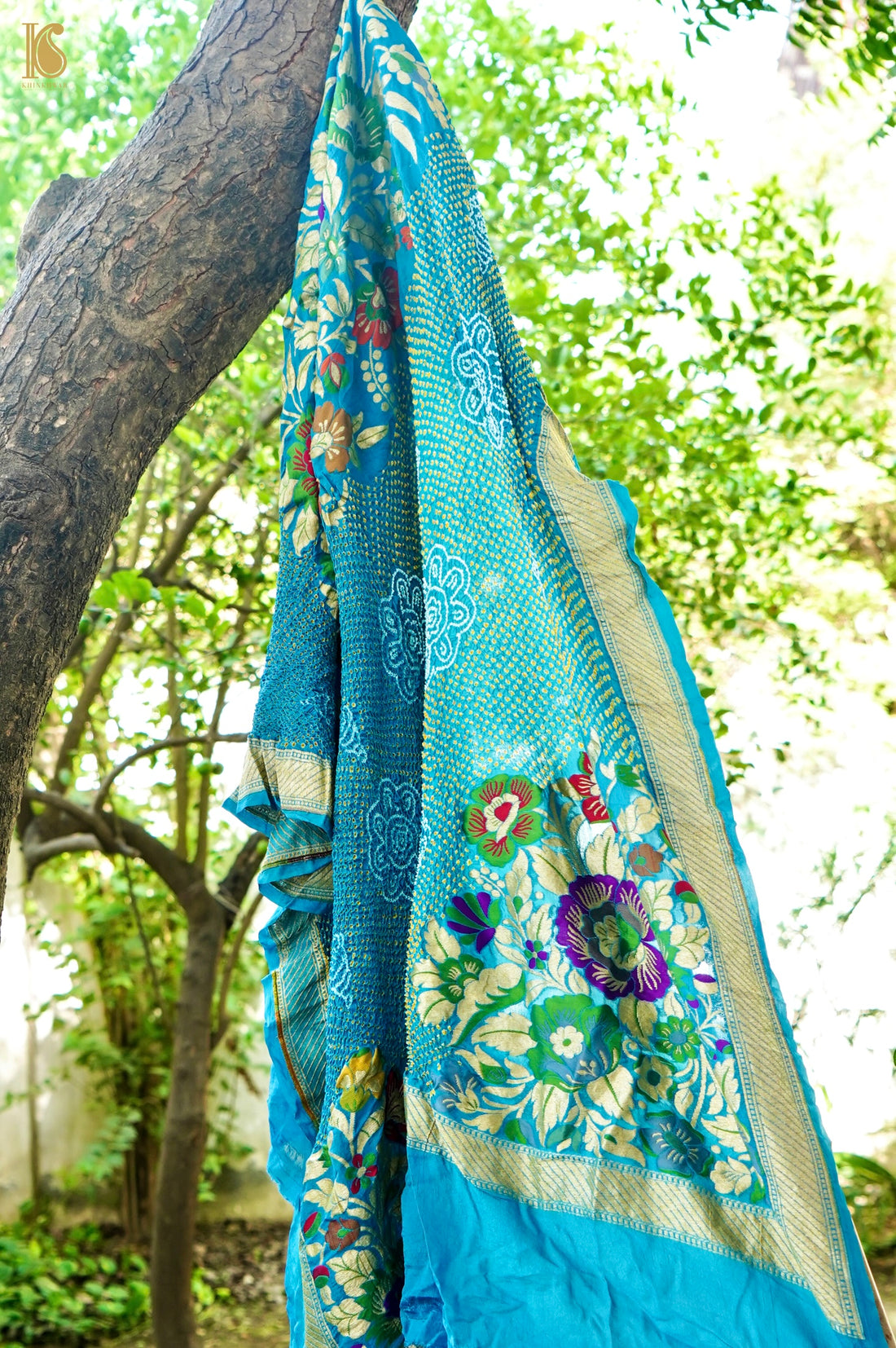 Handwoven Banarasi Georgette Bandhani Dupatta with Floral Meenakari