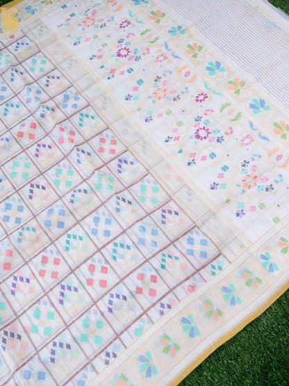 Handloom Banarasi Real Silver Zari Shwetambari Cotton Saree