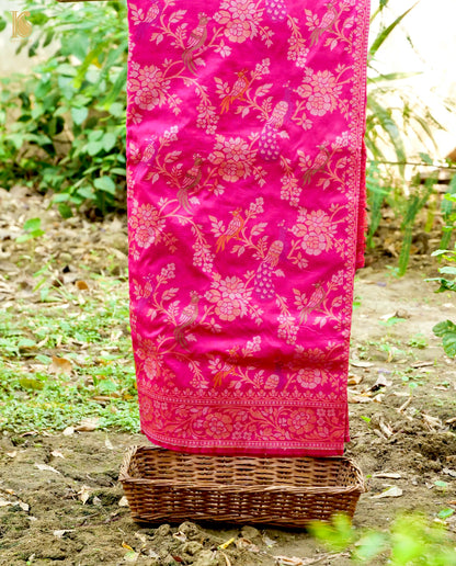 Handloom Katan Silk Pink Banarasi Shikargah Saree