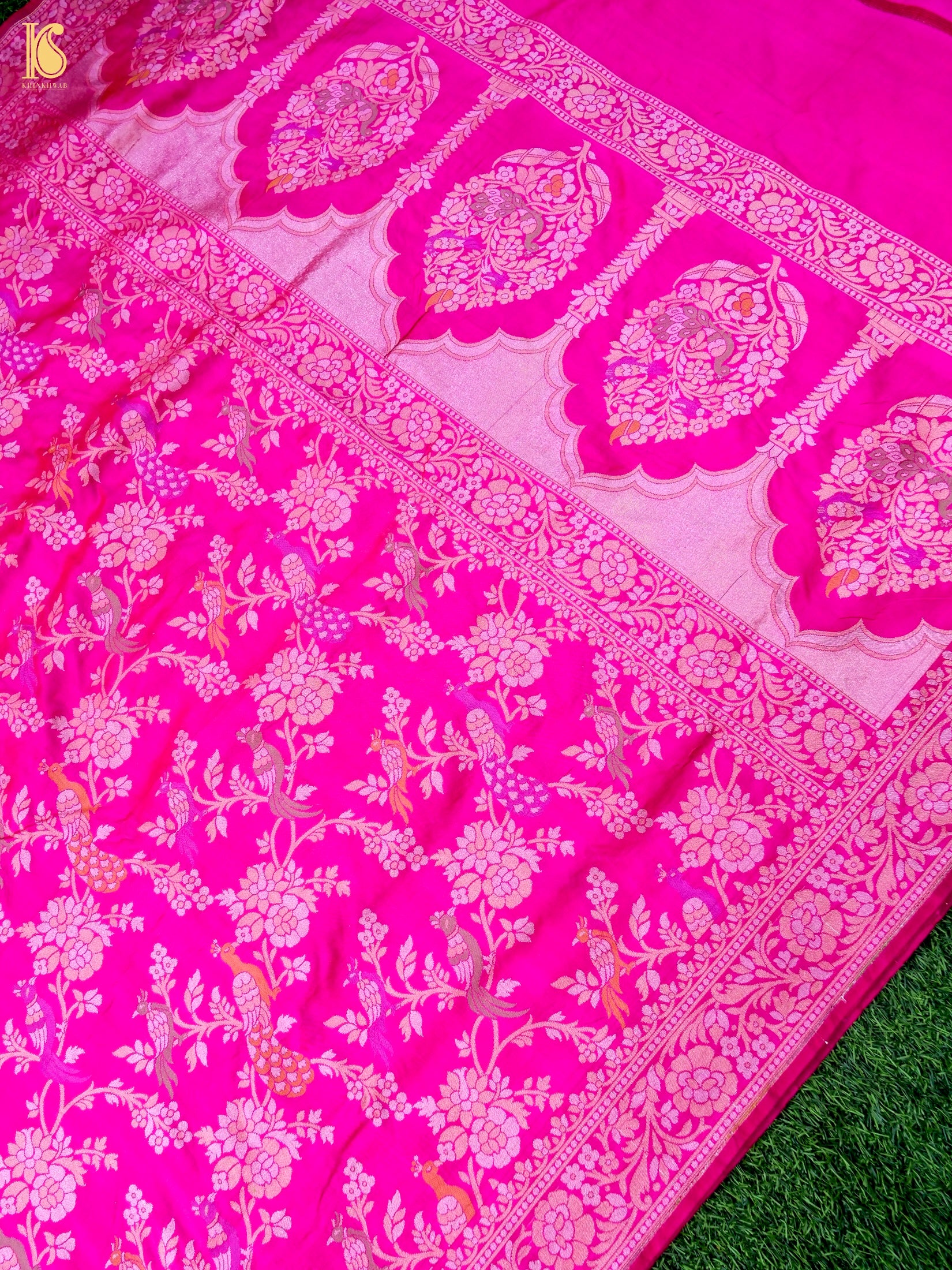Handloom Katan Silk Pink Banarasi Shikargah Saree