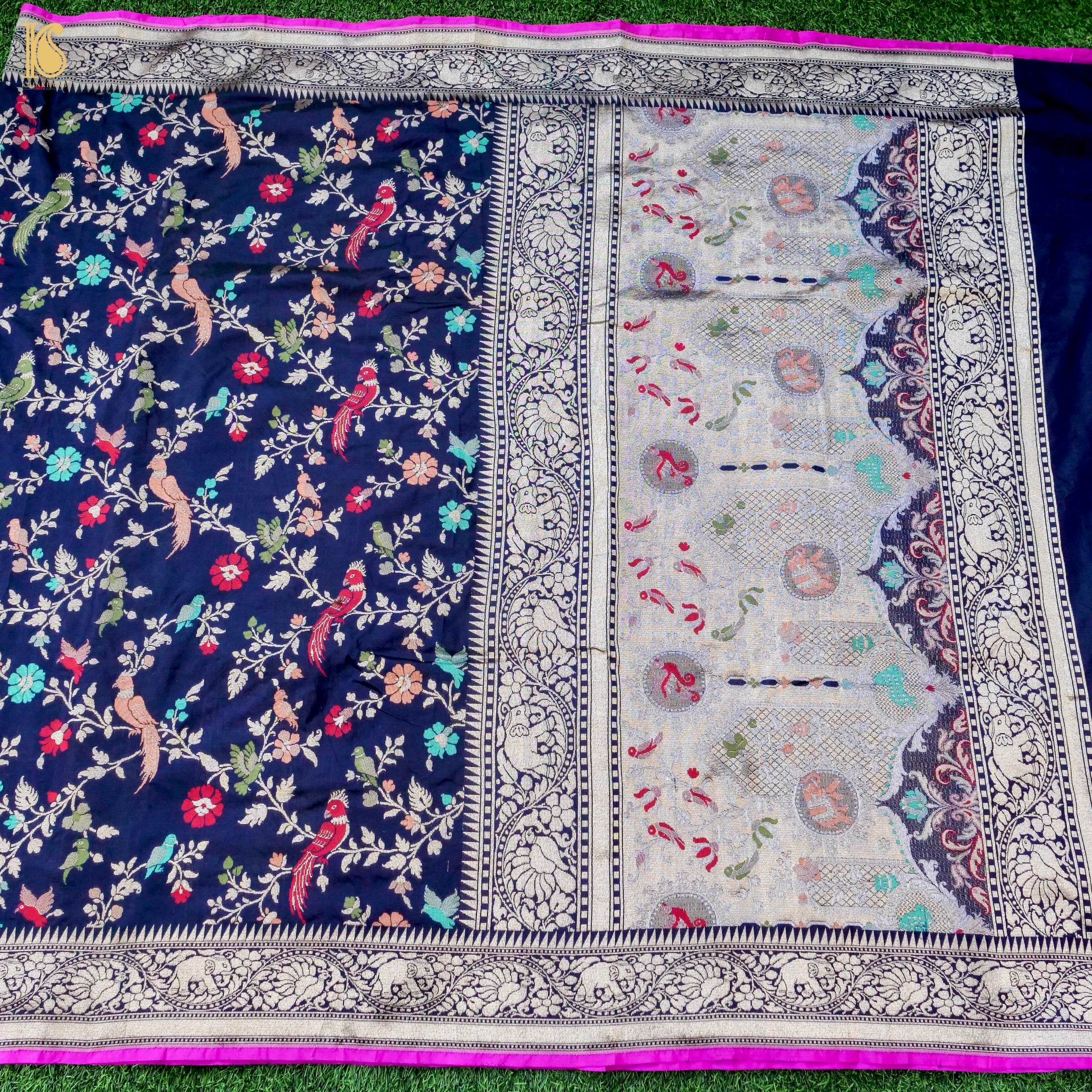 Handloom Katan Silk Blue Banarasi Shikargah Saree