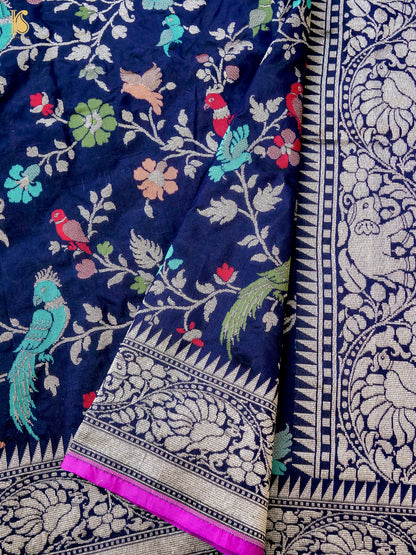 Handloom Katan Silk Blue Banarasi Shikargah Saree