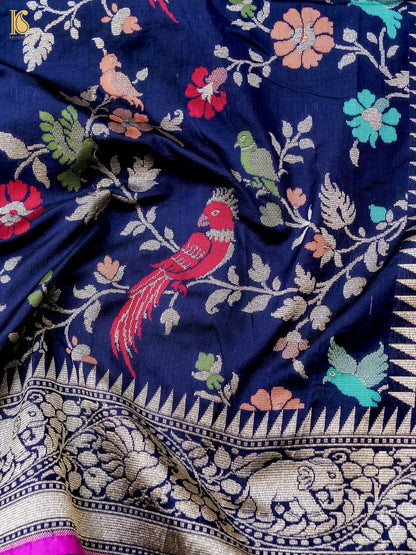 Handloom Katan Silk Blue Banarasi Shikargah Saree