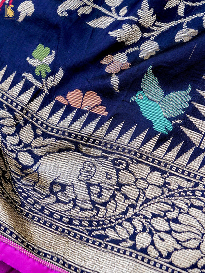 Handloom Katan Silk Blue Banarasi Shikargah Saree