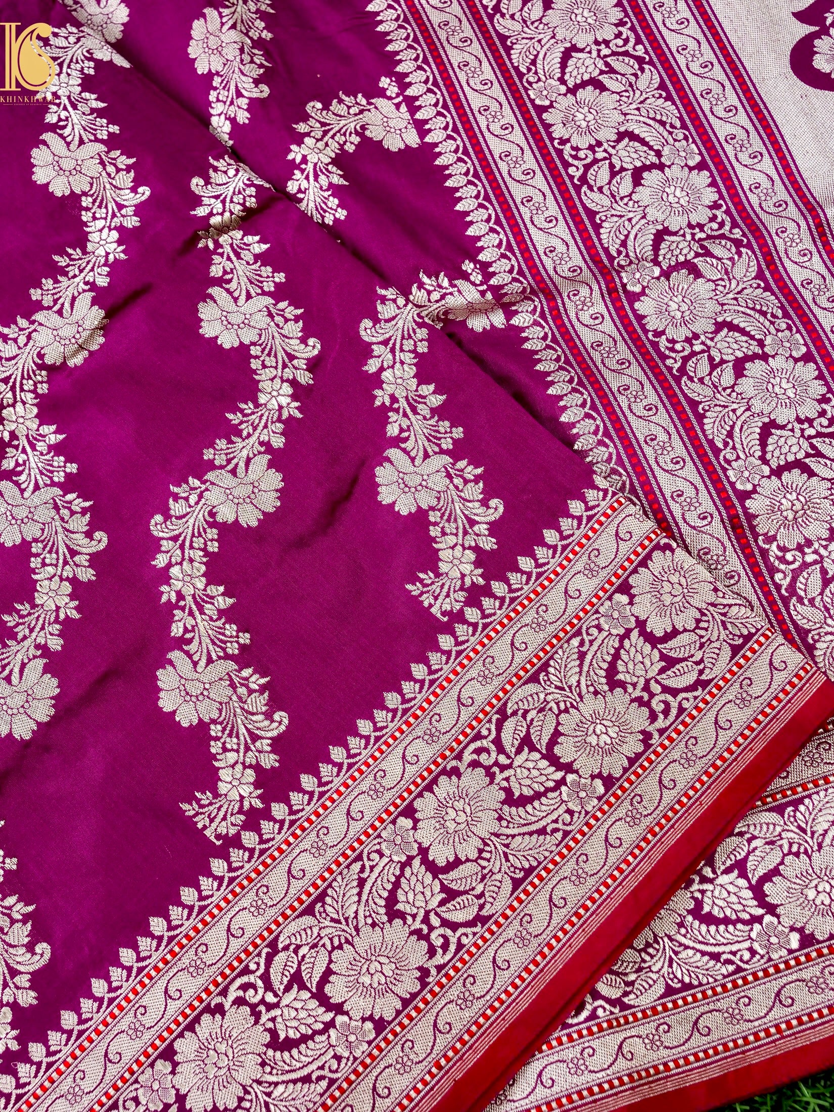 Pure Katan Silk Handloom Banarasi Kadwa Fullari Bel Saree