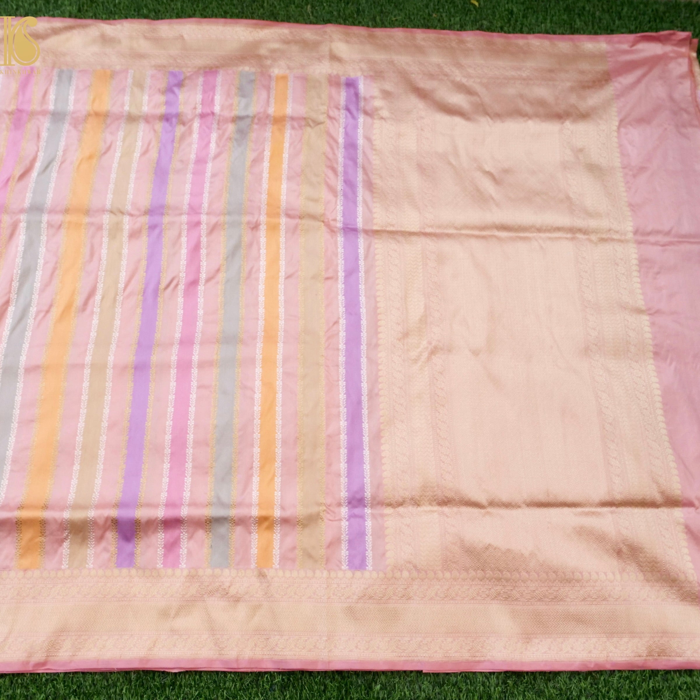 Handloom Banarasi Pure Katan Silk Rangkat Stripe Saree