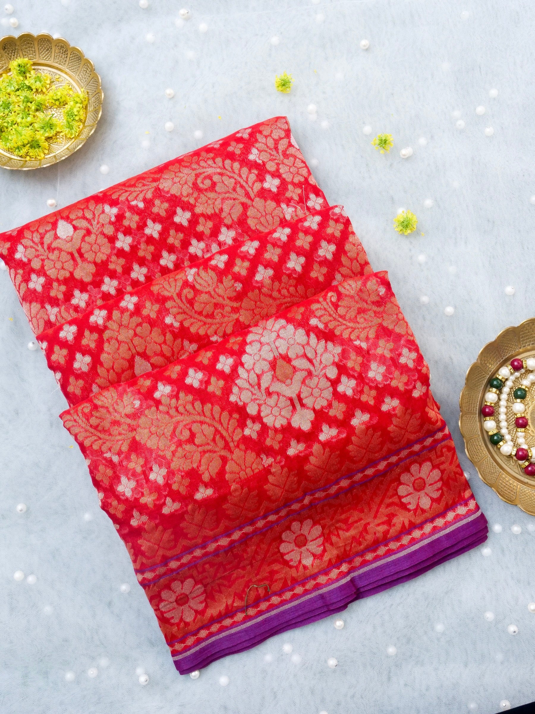 Banarasi Cotton Handloom Jamdani Ektara Saree - Khinkhwab