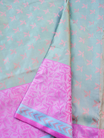 Handloom Banarasi Silk Sateen Tanchoi Saree with Skirt Border - Khinkhwab