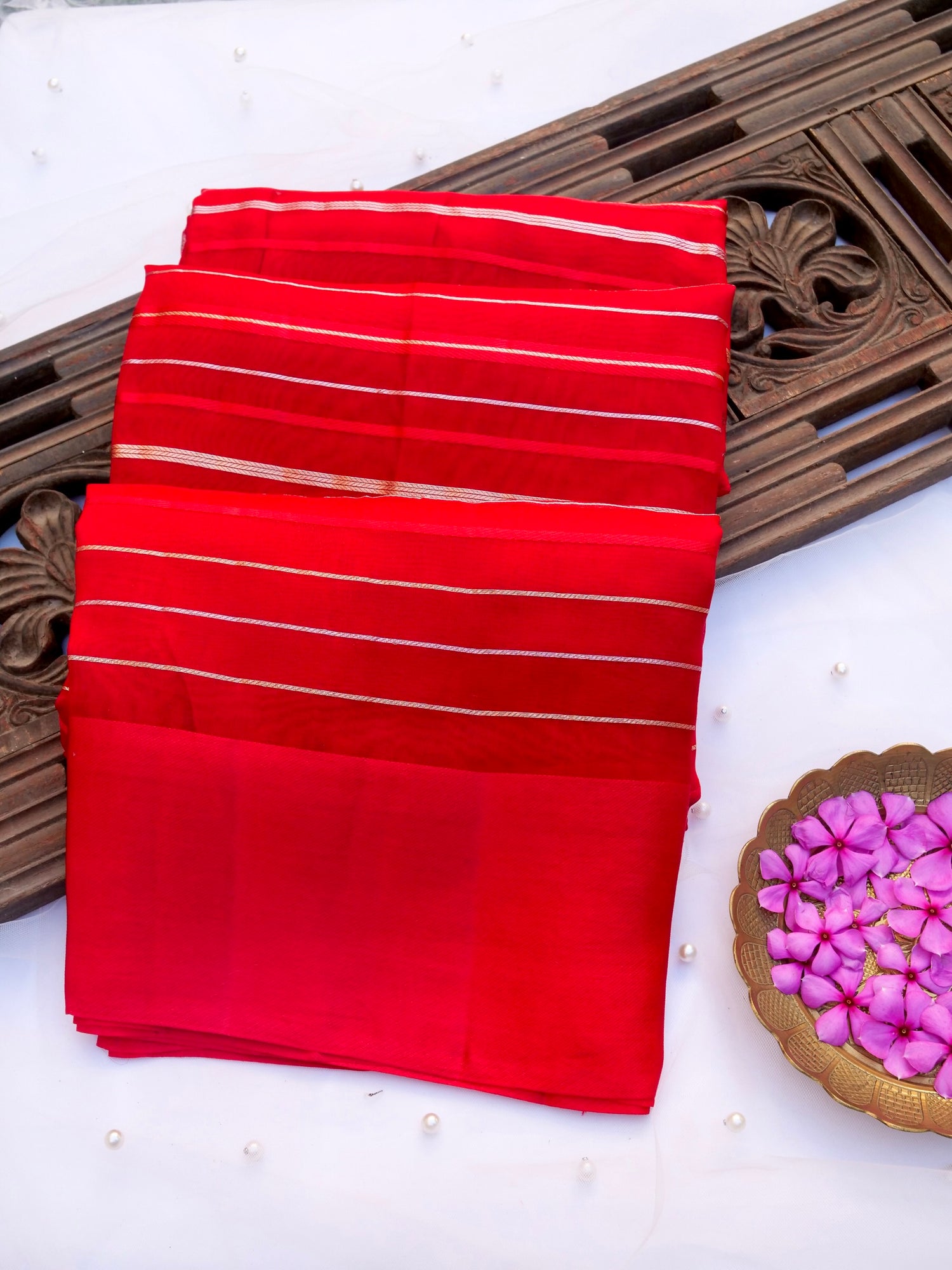 Handloom Kora Silk Banarasi Striped Saree in Red - Khinkhwab