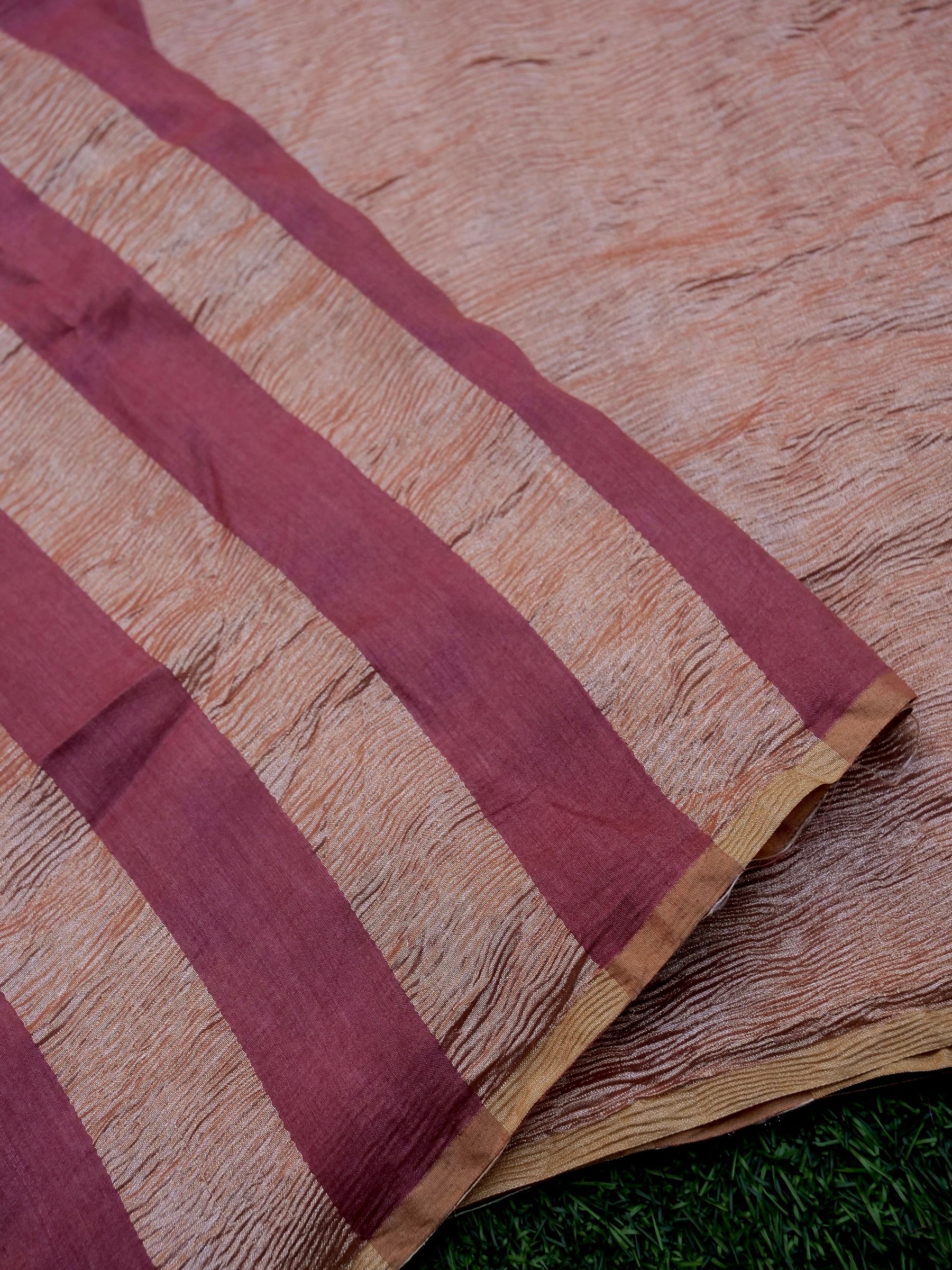 Handloom Pure Munga Tissue Crush Striped Saree in Peach - Khinkhwab