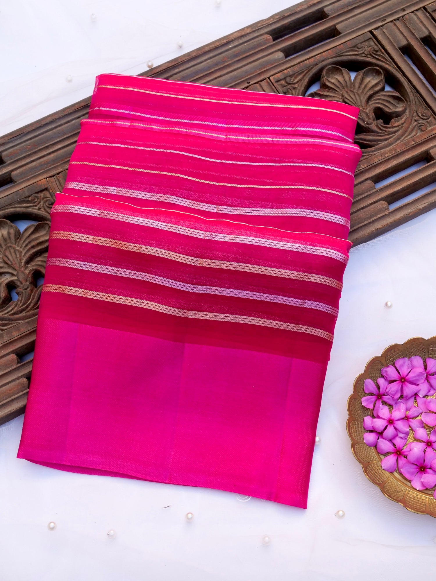 Handloom Kora Silk Banarasi Striped Saree in Pink - Khinkhwab