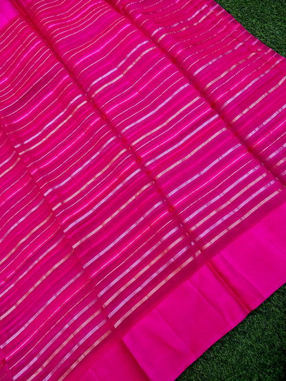 Handloom Kora Silk Banarasi Striped Saree in Pink - Khinkhwab